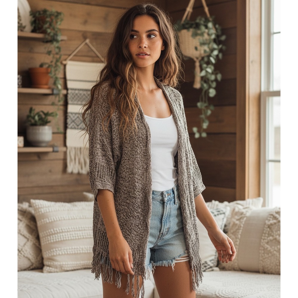 Dressbarn M Cardigan Sweater Taupe Beige Fringe Boho Cottage Cozy Cabin Grunge
